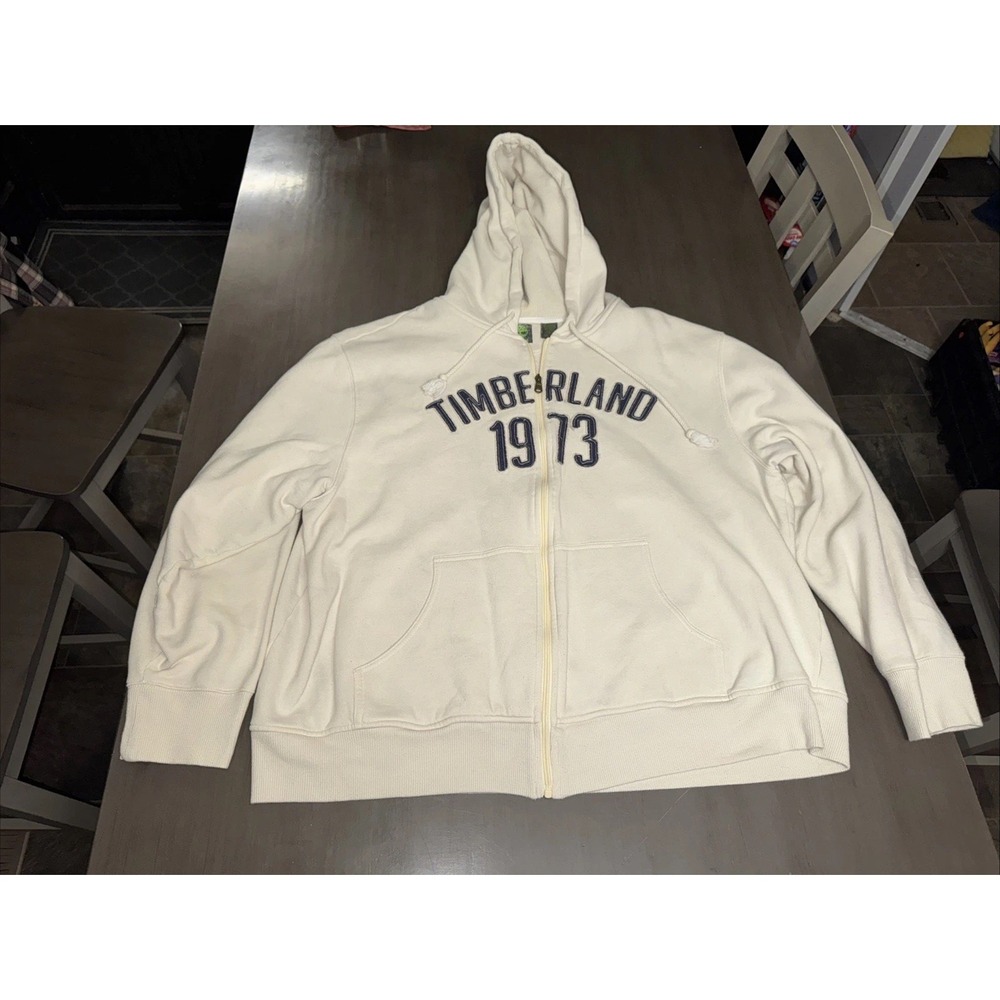 Timberland Mens Full Zip Sweatshirt Hoodie Size XXL Off White SpellOut 1973 Read